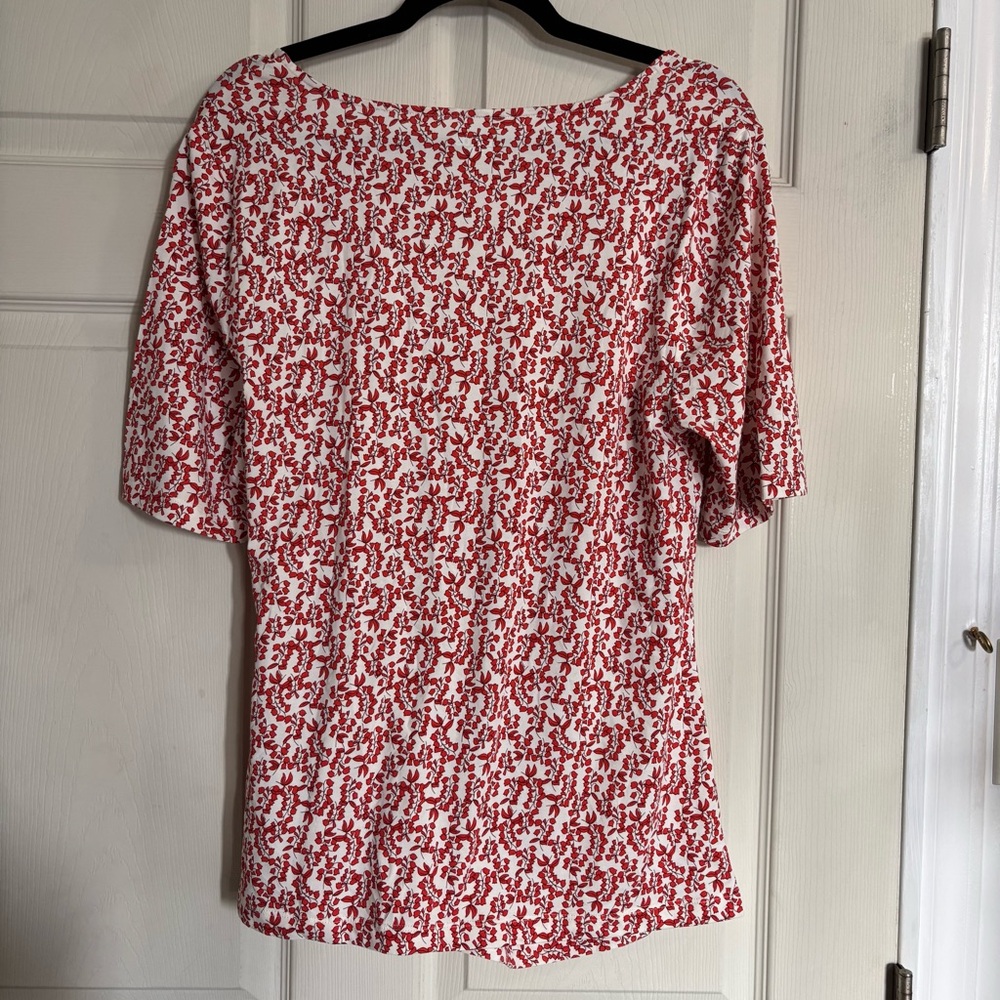 Lands End Tie Front Blouse Cotton Tencel Red White Patterned Short Sleeve Top - Picture 12 of 12
